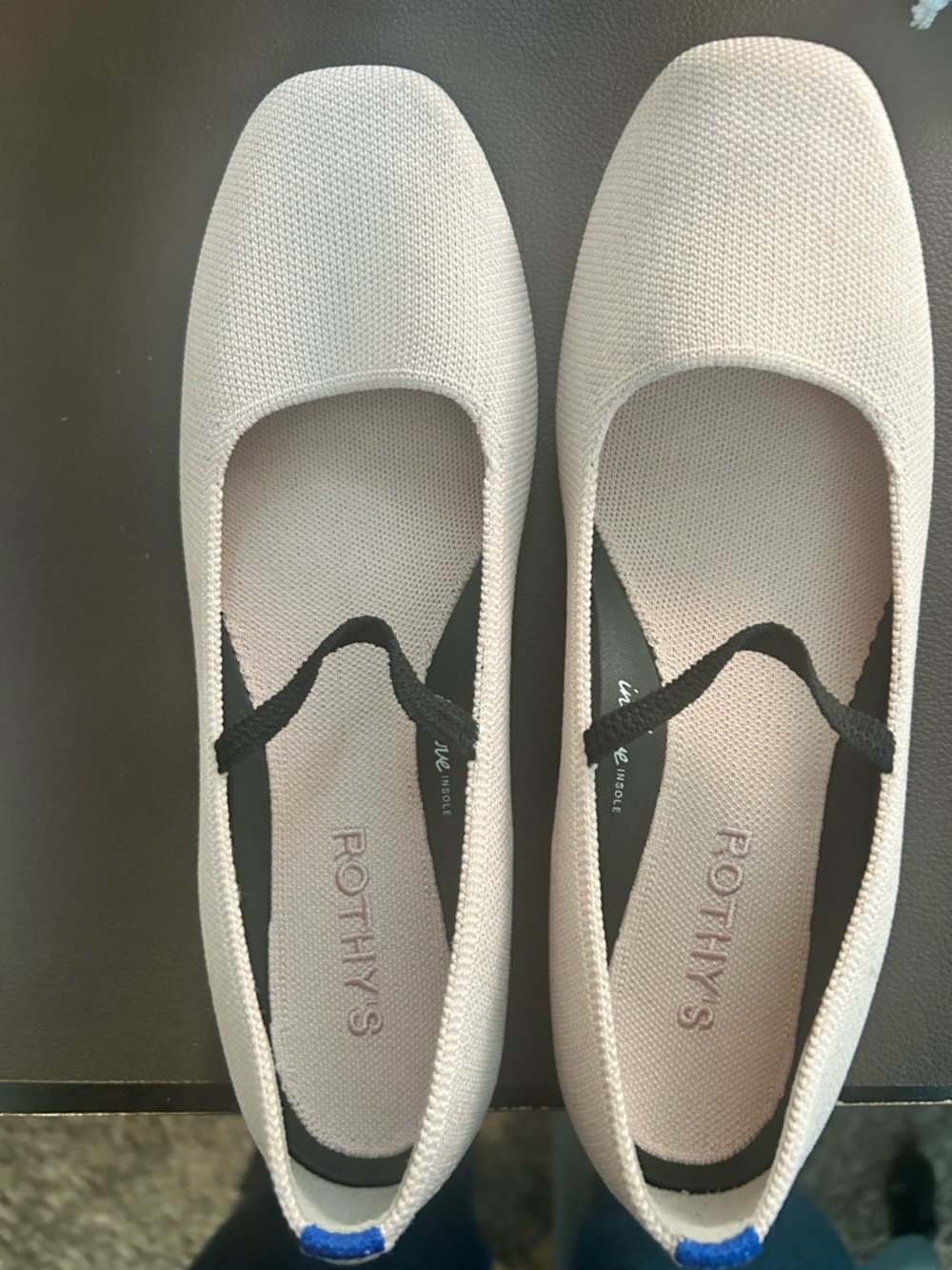 Rothy's Women's Light Beige Knit Ballet Flats with Black Strap and Blue Heel Tab